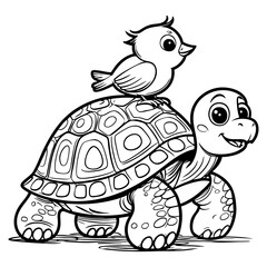 Cute Cartoon Turtle with Happy Bird on Shell Coloring Illustration