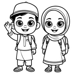 Muslim Boy and Girl in School Uniform Waving Coloring Page for Kids
