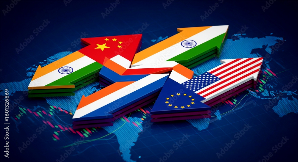 Poster flags of different countries shaped like arrows on a world map with stock market graph overlayed