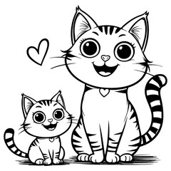 Cute Mommy and Baby Cats with Hearts and Smiles