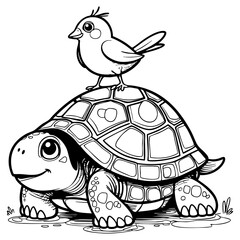 Cartoon Tortoise with Bird Friend on Colorful Shell