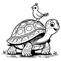Smiling Tortoise with Bird on Shell in Cute Art