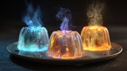 Three Glowing Jelly Desserts Emit Colorful Steam

