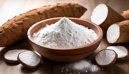 tapioca starch also known as tapioca flour is displayed in a wooden bowl along with dry cassava root this versatile tapioca starch can be used in various culinary applications