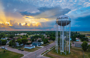 Scenic view of Devils Lake Water Tower at golden sunset light