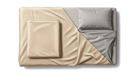 A top-down view showcases a neatly made bed with a beige blanket, folded linens, and a gray pillow, presenting a cozy and inviting bedroom arrangement for relaxation and rest.