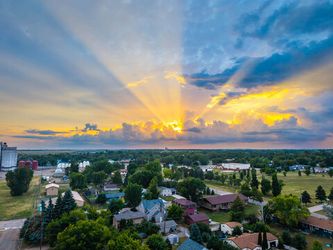 Scenic Aerial View of Devils Lake Town at Golden Sunset