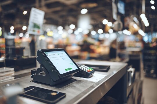 Modern checkout counter in supermarket with digital payment terminal