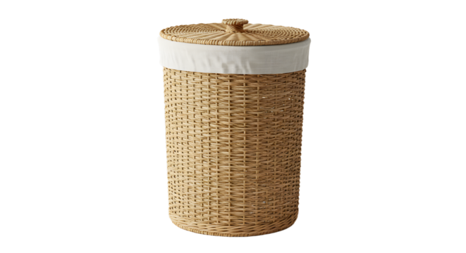 Woven wicker laundry basket with a removable lid, placed in a bright, minimalist laundry room with natural light filtering through