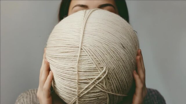 Yarn in hands covering face of woman. Knit craft activity.