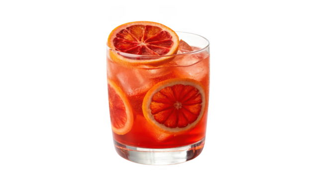 Refreshing tall glass of blood orange cocktail with slices and ice isolated on transparent background