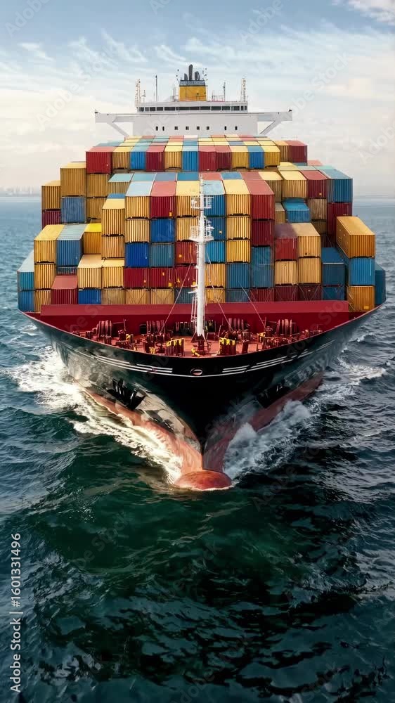 Poster aerial view of a large cargo ship laden with colorful containers navigating the ocean, captured in a
