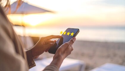 Woman reviews a mobile device on a beach at sunrise