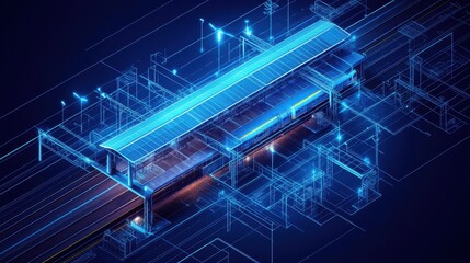 Blueprint of a high-speed electric train terminal powered by hydrogen and solar energy, showcasing futuristic transportation and sustainable infrastructure.