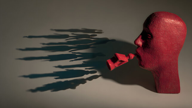 Intimidation of whistleblower concept and whistle blower stress symbol as pressure for exposing corruption with shadows of people who do not follw the rules as a red whistler shaped as a human head.