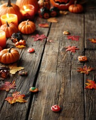 This festive image showcases a Halloween-themed table filled with pumpkins, autumn leaves, and candles, evoking a sense of celebration and seasonal charm typical of the fall season.