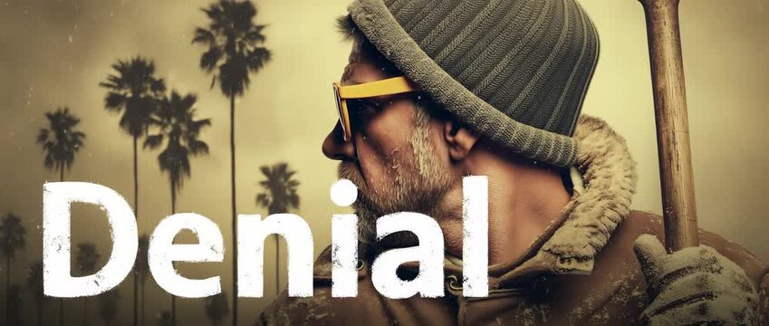 A rugged man in winter attire stands defiantly, sunglasses on, against a backdrop of palm trees. The mood is gritty and resilient. The word "Denial" overlayed in white.