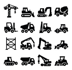 Naklejka premium Construction silhouette icon set. featuring crane, bulldozer, excavator, forklift, dump truck, cement mixer, and more.