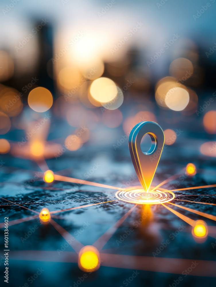 Poster digital map with location marker and network connections in a futuristic cityscape