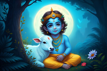 A Magical and Vibrant Digital Painting of Baby Lord Krishna Sitting in Forest with Calf, Full Moon Light, Divine Expression, and Peaceful Spiritual Atmosphere