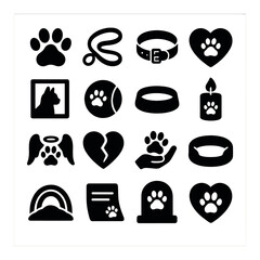 Pet memorial silhouette icon set. includes paw print, leash, collar, heart, dog bowl, candle, and more.