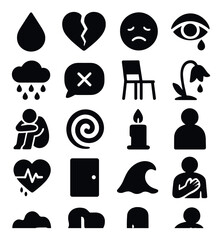 Emotion silhouette icon set. featuring sadness, heartbreak, loneliness, despair, anxiety, loss, grief, and more.