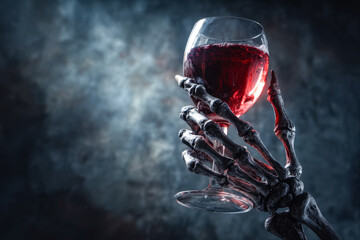Sinister skeletal hand holds a glass of red wine in a dark, gothic setting