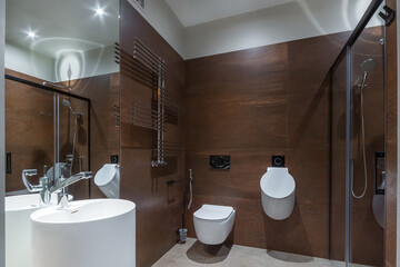 The bathroom is decorated with brown tiles. Elegant interior design, a mirror over a stylish 
sink, a shower behind a glass partition.