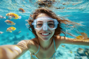 Fototapeta premium Joyful woman snorkeling with colorful fish in clear tropical waters