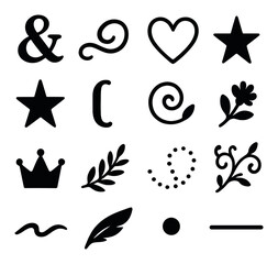 Decorative elements silhouette icon set. includes heart, star, crown, leaf, flower, and more.