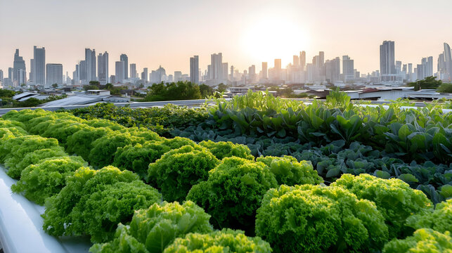 Rooftop urban garden with green cauliflowers overlooking modern city skyline at sunrise