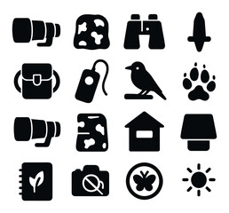 Silhouette wildlife exploration icon set: camera, backpack, binoculars, bird, paw, nature