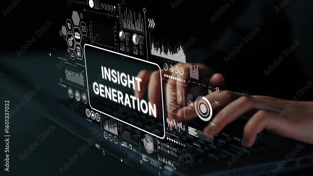 Poster digital interface with data analysis concept showing insights generation on futuristic screen with h