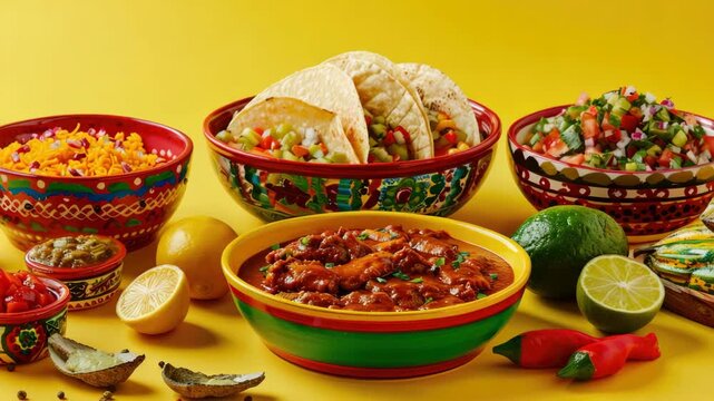 Vividly colored bowls filled with Mexican food, including guacamole and salsa, with lime wedges and chilies for added flavor.