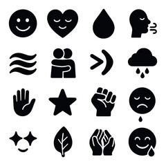 Emotion silhouette icons set: smiley, heart, raindrop, breath, hug, cloud, star, leaf, hands