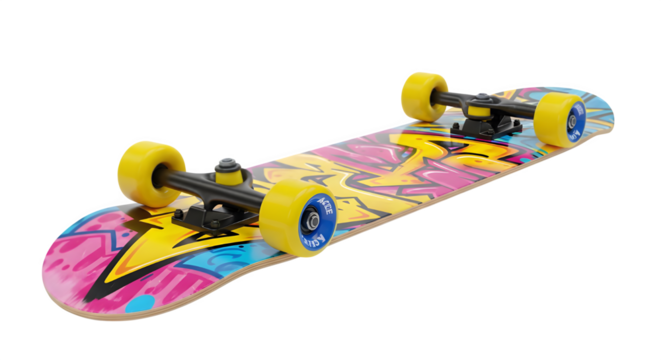 Vibrant skateboard with graffiti art perfect for youth marketing, showcasing urban culture and promoting active lifestyle products, appealing to teens - Powered by Adobe