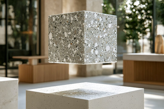 Modern terrazzo cube floating above sleek concrete pedestal in contemporary interior space