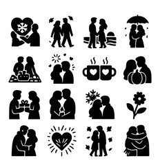 Love and romance silhouette icon set. featuring couple, heart, gift, walk, picnic, flower, and more.