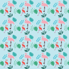  Seamless pattern with pink flamingos and tropical plants,