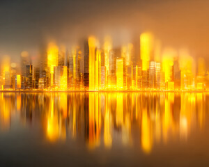 Fototapeta premium Abstract glowing cityscape reflected on water at night