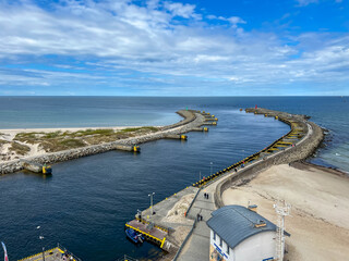 The entrance to the port of Kolobrzeg on the Baltic Sea in Poland, seen from above from the old lighthouse