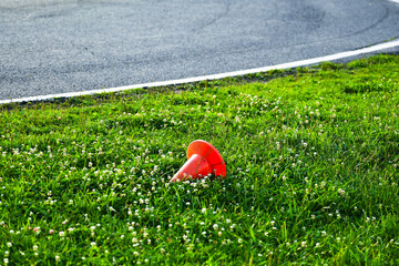 Bright orange traffic cone lying on green grass near a curving asphalt road. The vibrant contrast...