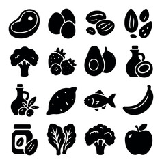 Healthy food silhouette icons set: meat, eggs, nuts, broccoli, berries, avocado, olive oil, fish, banana