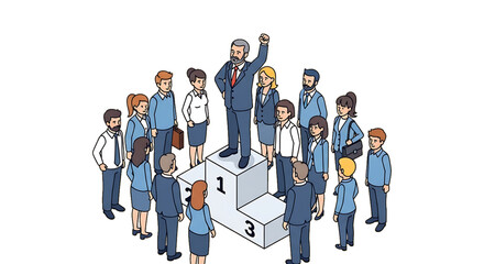 Diverse team gathered around a success trophy, symbolizing teamwork achievement.