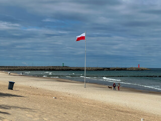 Polish flag on the beach in Kolobrzeg on the Baltic Sea in Poland