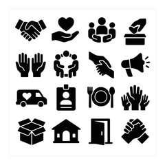 Charity silhouette icon set. includes handshake, heart, group, vote, donation, volunteer, shelter, and more.