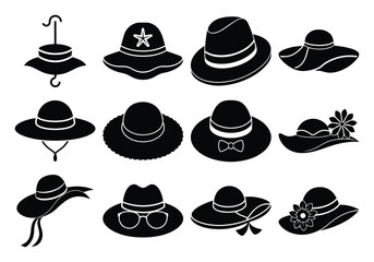 Collection of vintage hat silhouettes isolated on white background