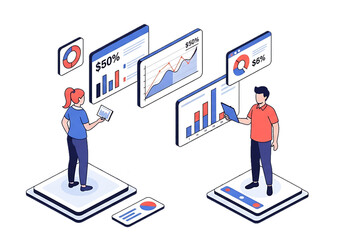 People standing on smartphones analyzing statistics, symbolizing mobile business analytics.
