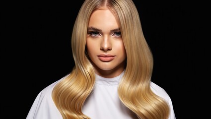 Retrato de belleza de una mujer rubia en una peluquería, mostrando un peinado ondulado perfecto con un cabello sano, brillante y sedoso sobre un fondo negro