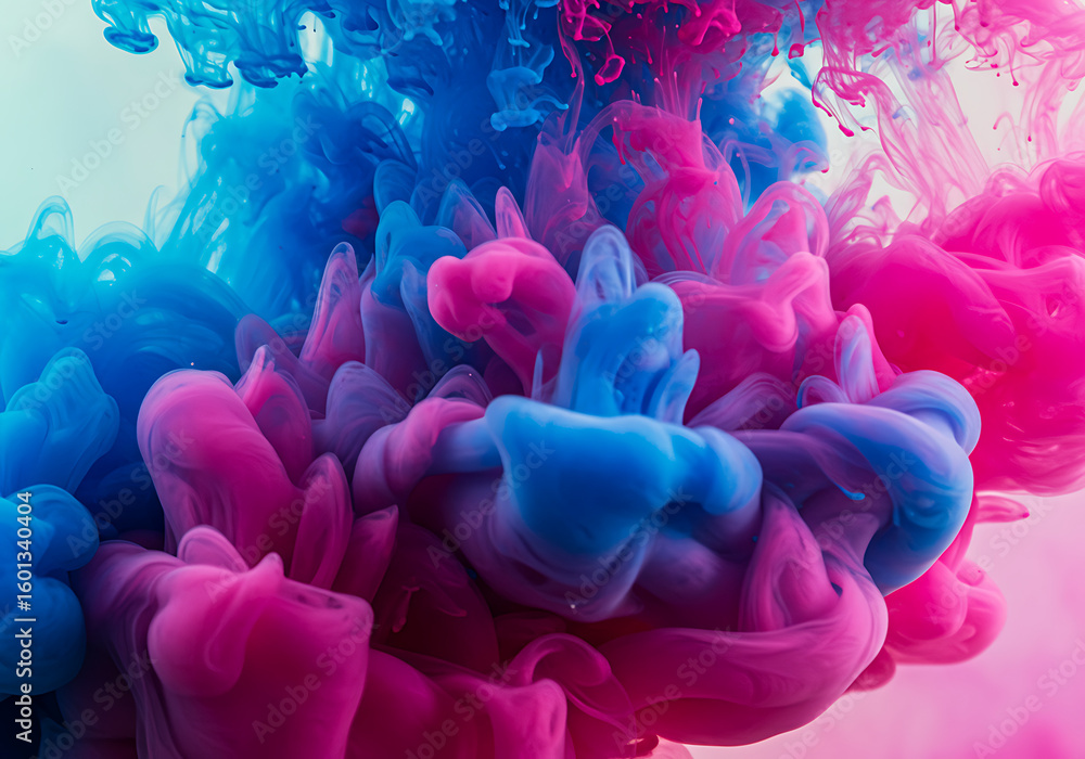 Poster abstract image of pink and blue ink swirling together in water creating a cloud like effect created 